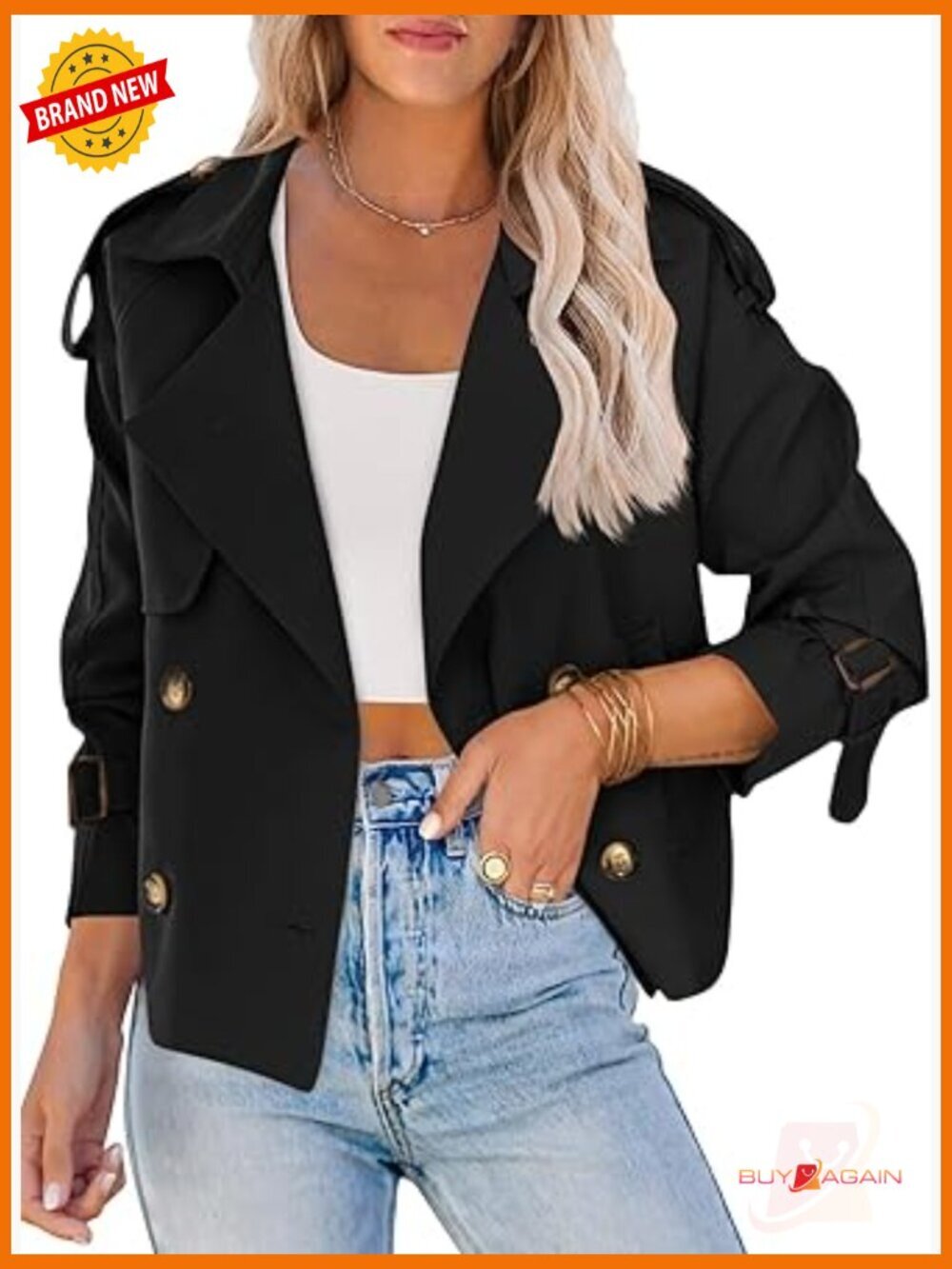Double Breasted Crop Trench Coat with Pockets